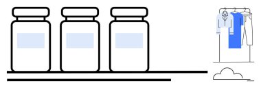 Rafta üç ilaç şişesi ve rafta asılı çeşitli giysiler. Sağlık, yaşam tarzı, sağlık, eczane, ev organizasyonu, ürün kategorizasyonu ve günlük rutinler için idealdir. Çizgi