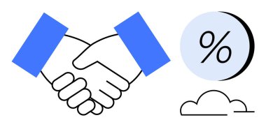 İki el, yüzde işareti ve bulut simgesi eşliğinde ortaklık ve anlaşmayı sembolize ediyor. İş anlaşmaları, ortaklıklar, mali anlaşmalar, bulut hizmetleri, müzakereler için ideal