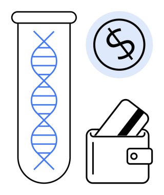 Test tüpündeki DNA ipliği, dolar sembolü ve cüzdandaki kredi kartı. Genetik araştırma, mali planlama, yatırım stratejileri, sağlık finansmanı, biyoteknoloji, ekonomi ve bütçe için ideal