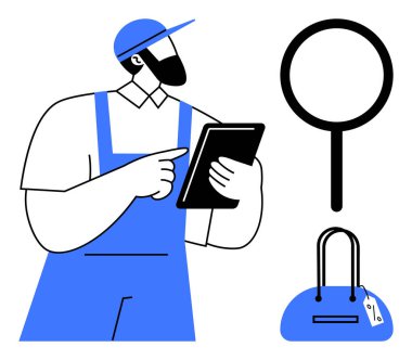 Mavi tulumlu işçi elinde tablet, ona bakıyor, büyüteç ve el çantası taşıyor. Envanter kontrolü, kalite kontrolü, ürün denetimi, perakende yönetimi, lojistik, güvenlik için ideal