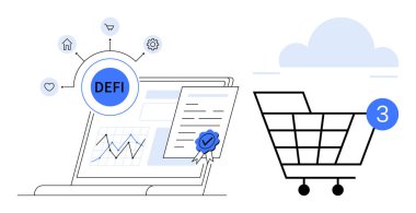 Dijital finans paneli DeFi entegrasyonunu gösteriyor. Çeşitli finansal simgeler ve yeni bir tebligatla birlikte bir alışveriş arabasının yanında sertifika. Fintech, e-ticaret, yatırım için ideal