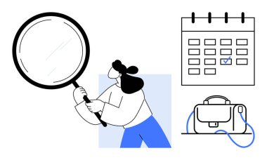 Elinde büyüteç tutan kişi, işaretli tarihli takvim ve evrak çantası. Üretkenlik, organizasyon, programlama, iş, zaman yönetimi, iş hayatı dengesi ve planlama kavramları için ideal