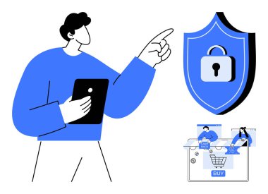 Tablet noktalarını kalkanda tutan karakter, güvenliği temsil ediyor. Alışveriş arabası, kredi kartı, müşteri hizmetleri. Siber güvenlik için ideal, çevrimiçi güvenlik, e-ticaret, dijital
