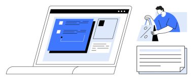 Bir alışveriş arayüzünü gösteren dizüstü bilgisayar, alışveriş torbaları taşıyan adam ve belge simgesi. E-ticaret, çevrimiçi pazarlama, dijital işlemler, tüketici davranışı, teknoloji kullanımı, perakende satış için ideal