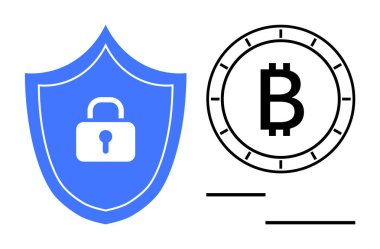 Şifreli para birimini temsil eden Bitcoin sembolünün yanında kilit sembolü olan bir kalkan. Finans, teknoloji, engelleme zinciri, siber güvenlik, dijital cüzdanlar, çevrimiçi işlemler için ideal