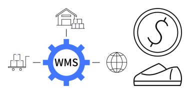 Depo ve nakliye kutuları, dünya ve para birimi ikonları ve ayakkabı ikonu ile birlikte WMS etiketli dişliler aracılığıyla birbirine bağlı. Lojistik, depolama, nakliye, tedarik zinciri ve uluslararası ticaret için ideal