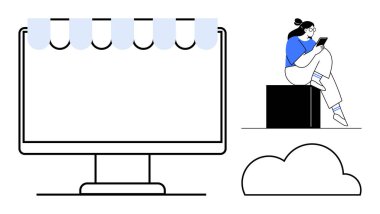 Depo önü güneşlikli bilgisayar ekranı tablet kullanan bir kadın ve bir bulut simgesi. E-ticaret, çevrimiçi iş, uzaktan çalışma, bulut hesaplama, dijital pazarlama için ideal