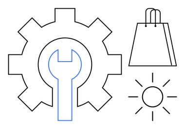 İçinde ingiliz anahtarı olan bir vites, alışveriş torbası ve güneş izole edilmiş. Teknoloji, alışveriş, verimlilik, yenilik, ayarlar onarım ve parlaklık temaları için idealdir. Satır metaforu