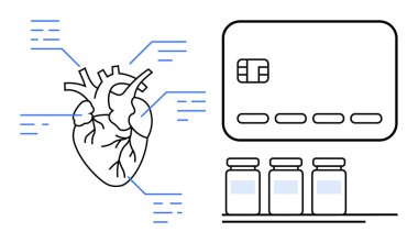 Farklı bölgeleri gösteren notları olan insan kalbi, çipli büyük bir kredi kartı, ve rafta üç tıbbi şişe. Sağlık, finans, teknoloji, eğitim, tıp ve anatomi için ideal
