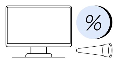 Bilgisayar monitörü, mavi daire içindeki yüzde işareti ve teleskop analizi ve gelecek planlamasını öneriyor. İş analizleri, finansal tahminler, stratejik planlama, piyasa araştırmaları için ideal