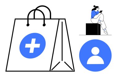 Haçlı sağlık temalı alışveriş çantası, kullanıcı avatar ikonu ve telefondaki kadın. Teletıp, e-ticaret, sağlık takibi, online danışmanlık, sanal eczane ve hasta yönetimi için ideal. Çizgi