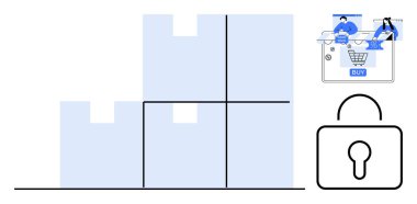 Nakliyeyi gösteren kutular, alışveriş arabası, alışveriş yapan insanlar güvenliği simgeliyor. E-ticaret, çevrimiçi iş, taşımacılık, dağıtım, güvenlik, tüketici güvenliği perakende için ideal