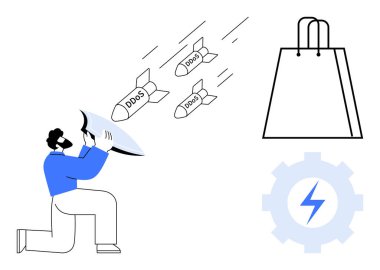 Adam DDoS saldırılarını kalkanla savuşturuyor, DDoS etiketli bomba çizimleri, alışveriş torbası, yıldırımlı teçhizat. Siber güvenlik, çevrimiçi alışveriş, bilişim güvenliği, veri koruması ve risk için ideal