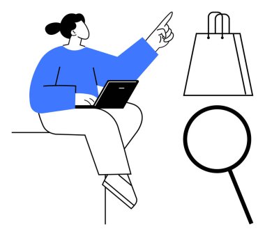 Yukarıya bakarken dizüstü bilgisayar kullanan bir kadın, alışveriş torbası ve büyüteç, online satın alma davranışını işaret ediyor. E-ticaret, pazarlama, tüketici davranışı, arama, dijital pazarlama için ideal