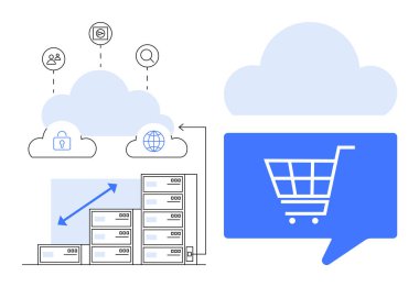Ağ sunucuları, bulut simgeleri, güvenlik kilidi, büyüteç ve alışveriş arabası veri yönetimi ve e-ticareti vurguluyor. Teknoloji, güvenlik, iş, bulut hizmetleri, pazarlama için ideal