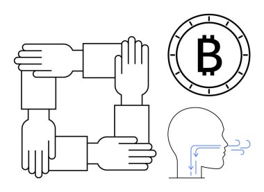 Takım çalışmasını sembolize eden dört el kriptoyu simgeleyen Bitcoin para ve iletişimi gösteren hava akışı çizgileri olan bir kafa profili. İşbirliği ve finans için ideal