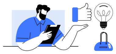 Elinde tablet tutan sakallı bir adam, baş parmaklar, ampul ve el çantasıyla temsil edilen kavramları değerlendiriyor. İş planlaması, moda, çevrimiçi inceleme, markalaşma, karar verme ürünü için ideal