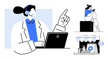 Kulaklık takan, dizüstü bilgisayarı olan, bireysel okuma cihazı olan, ilaç ve tıbbi malzeme satan bir eczane. Teletıp için ideal, çevrimiçi sağlık hizmetleri, ilaçlar