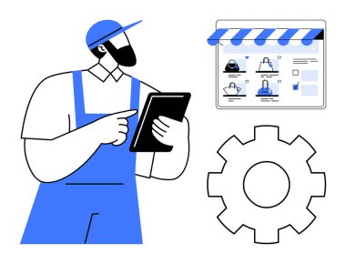 Mavi tulumlu ve şapkalı tamirci çevrimiçi dükkanı yönetmek için tablet kullanıyor. Web mağazası arayüzü ve büyük vites sembolü mevcut. E-ticaret, teknoloji, iş, dijital araçlar, mekanik, çevrimiçi için ideal