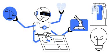 Çoklu kol dengeleyici ölçülere sahip robot, kalp ve otomasyon araçları tutuyor, tablet, ampul, kıyafet tasarlıyor. Yapay zeka, robot bilimi, otomasyon teknolojisi sağlık hizmetleri yasal tasarımı için idealdir. Çizgi