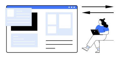 Dizüstü bilgisayar kullanan bir kadın, birden fazla elementle bağlantı kuran bir web sitesi ve veri akışını gösteren oklar. Uzak çalışma, çevrimiçi işbirliği, web tasarımı, dijital öğrenme, e-ticaret, teknoloji için ideal