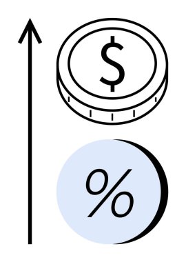 Coin with dollar sign and percentage symbol alongside an upward arrow. Ideal for business growth, financial trend, investment opportunity, profit increase, economic development, cost analysis clipart