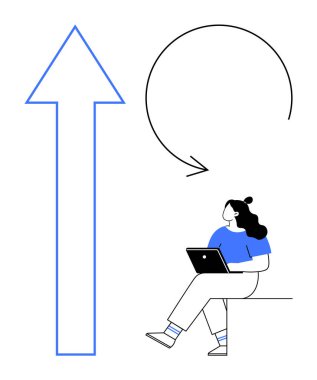 Mavi bluzlu kadın, dizüstü bilgisayarı üzerinde çalışıyor, yukarı doğru büyük ok ve dairesel ok ilerlemeyi ve sürekli gelişmeyi gösteriyor. İş için ideal, üretkenlik, büyüme, eğitim
