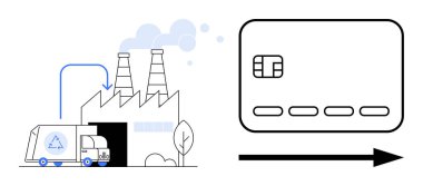 Fabrikada geri dönüşüm kamyonu, duman yığınları ve kredi kartı ikonu olan malzemeleri boşaltıyor. Geri dönüşüm, atık yönetimi, çevre dostu üretim, endüstriyel süreçler, sürdürülebilirlik için ideal