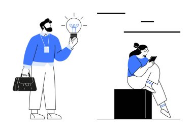 Profesyonel iş adamı elinde ampul tutarken tablet kullanan bir kadını sembolize ediyor. Yenilik, teknoloji, takım çalışması, beyin fırtınası, iş büyümesi, uzaktan çalışma, dijital