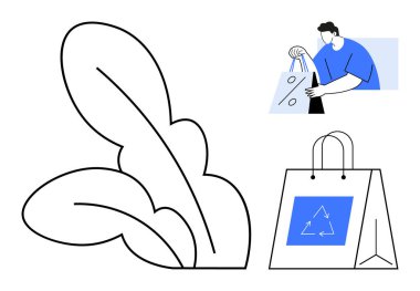 Büyük yapraklı bitkinin yanında, üzerinde geri dönüşüm sembolü olan çevre dostu alışveriş torbaları tutan adam. Sürdürülebilir yaşam, eko-bilinçli alışveriş, geri dönüşüm, çevre bilinci, çevre dostu