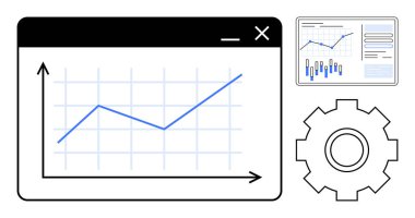 Tarayıcı penceresinde yukarı doğru eğilimli grafikler, bar tablosu ve ayarlı ikincil grafikler. Veri analizi, iş büyümesi, pazarlama, finans, proje yönetimi ve stratejik planlama için ideal