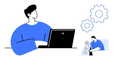 Dizüstü bilgisayarındaki kullanıcı, arka planda sistem işlemleri ve paket teslimatını simgeliyor. E-ticaret, çevrimiçi alışveriş, teknoloji, müşteri desteği, lojistik, dijital pazarlama için ideal