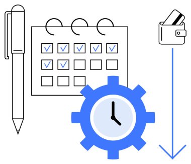 İşaretli kutular, çark saati ve aşağı doğru oklu cüzdanı olan takvimin yanındaki kalem. Zamanlama, verimlilik, zaman yönetimi, finans, planlama, organizasyon ve verimlilik temaları için ideal