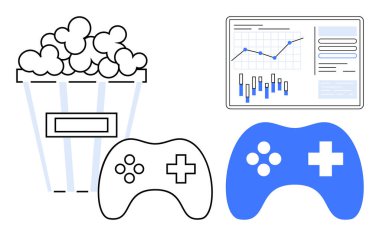 Oyun kontrolörleri yanında bir kutu patlamış mısır ve grafik ve grafik içeren veri analizi paneli. Oyun, eğlence, teknoloji, veri analizi, piyasa araştırması, eğlence faaliyetleri için ideal