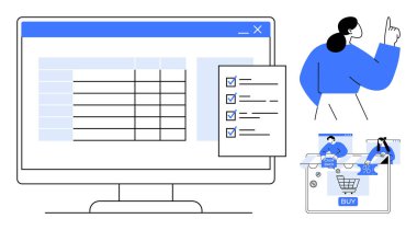 Bilgisayar ekranında ızgara düzeninin yanında bir kontrol listesi, yukarı bakan bireyler ve el arabaları ile çevrimiçi alışveriş elemanları gösteriliyor. E-ticaret, görev yönetimi, verimlilik ve iş akışları için ideal