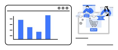 E-ticaret alışveriş arabasının yanındaki bilgisayar ekranında insanlarla etkileşim halinde olan bir çubuk grafik. E-ticaret, veri analizi, çevrimiçi alışveriş, müşteri davranışı, pazarlama stratejileri, iş büyümesi için ideal