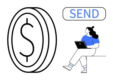 Dolar sembollü büyük para, laptop 'u olan kişi Send düğmesinin altında oturuyor. Finansal hizmetler, çevrimiçi ödeme, para transferi, bankacılık uygulamaları, dijital işlemler, e-ticaret, fintech