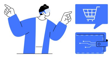 VR kulaklık takan adam dijital cüzdanı ve alışveriş arabası ikonlarını işaret ediyor. E-ticaret, teknoloji, sanal gerçeklik, çevrimiçi alışveriş, dijital ödemeler, fütürist perakende, teknoloji için ideal