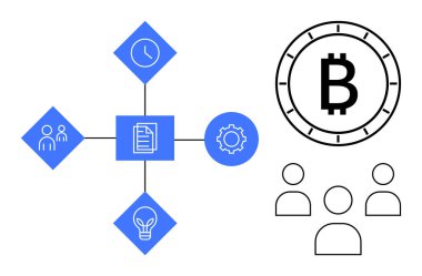 Geometrik simgeler arasında insanlar, saat, belge, dişli tekerlek, ampul, Bitcoin sembolü ve takım üyelerinin ana hatları yer alıyor. İş stratejisi, takım çalışması, proje planlaması, kripto para birimi, zaman