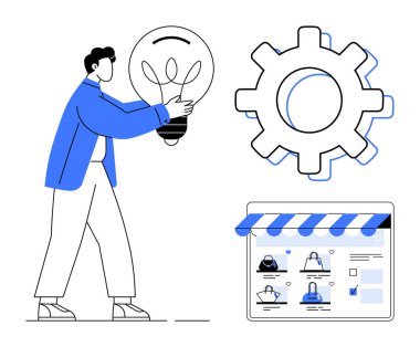 Büyük bir ampul, ayarlama teçhizatı ikonu ve alışveriş arabası arayüzü olan bir web sayfası taşıyan kişi. E-ticaret için ideal, çevrimiçi mağazalar, yenilik, iş çözümleri, fikir üretimi, dijital