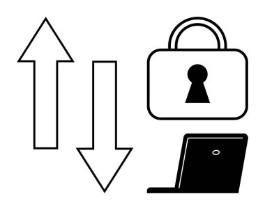 Kilit, bilgisayar, yukarı ve aşağı oklar veri transferini, teknoloji güvenliğini, bilgi iletişimini sembolize ediyor. Siber güvenlik kavramları, veri koruması, bilgi güvenliği ve güvenlik için ideal