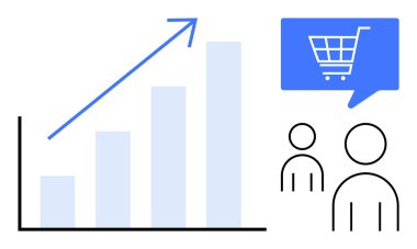 Yukarı doğru büyümeyi gösteren ok grafiği, iki insan simgesi ve alışveriş arabalı mavi konuşma balonu. Ticari büyüme, pazar eğilimleri, ecommerce başarısı, web tasarımı, sunumlar için ideal