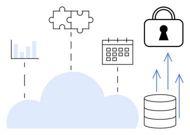 Bulut çizelgeye, bulmaca parçalarına, takvime, asma kilide ve veritabanına bağlanıyor. Bulut hesaplama, veri güvenliği, yedek verimlilik programlama entegrasyonu ve analitik için ideal. Satır metaforu