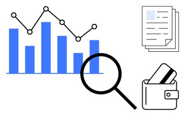 Bar ve çizelgeler, büyüteç, belgeler ve kartlı cüzdan. Finansal analiz, iş stratejisi, araştırma, güvenlik belgelerinin görselleştirilmesi ve yatırım için ideal. Çizgi