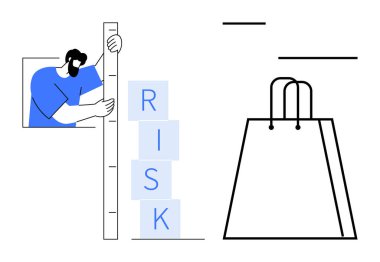 Büyük alışveriş çantasının yanında RISK etiketli blokları ölçen adam. Risk değerlendirmesi, ölçüm, iş, analiz, perakende, karar verme, değerlendirmeler için ideal. Satır metaforu