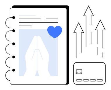 Dua eden elleri ve mavi kalbi olan, temassız ödeme kartı olan ve yukarı doğru ok atan bir defter aç. Finans, dua, yardım, dijital, büyüme planlama ve teknoloji temaları için ideal. Satır metaforu