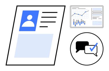 Avatarlı profil sayfası, grafik ve bar grafikli analitik panel, mavi işaretli iletişim baloncukları. Web tasarımı için ideal, UXUI, veri analizi, profesyonel profiller, iş