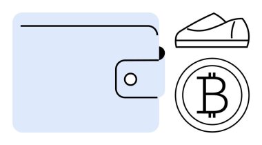 Mavi dijital cüzdan, ayakkabı ikonu ve finans teknolojisini, kripto para birimini ve online alışverişi temsil eden Bitcoin sembolü. Fintech, e-ticaret, dijital ödemeler, şifreli para birimi için ideal