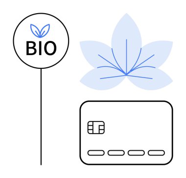 Yaprak ikonu, ödeme kartı ve mavi yaprak tasarımlı biyografi etiketi. Sürdürülebilir ödemeler, çevre dostu ürünler, yeşil ekonomi, çevre bilinci, organik ürünler, finans teknolojisi için ideal