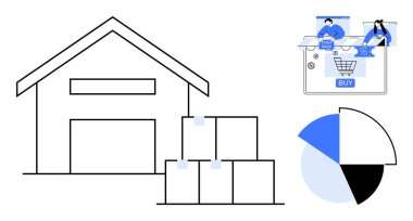 Depo binası, istiflenmiş kutular, seyyar ekranda ecommerce alışverişi, dört bölümlü pasta grafiği. Lojistik, çevrimiçi alışveriş, pazar analizi, tedarik zinciri, envanter yönetimi için ideal
